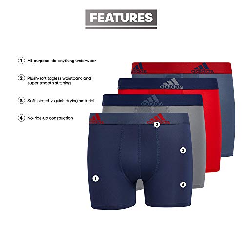 adidas Kids-Boy's Performance Boxer Briefs Underwear (4-Pack), Tech Indigo Blue/Grey/Vivid Red, Large