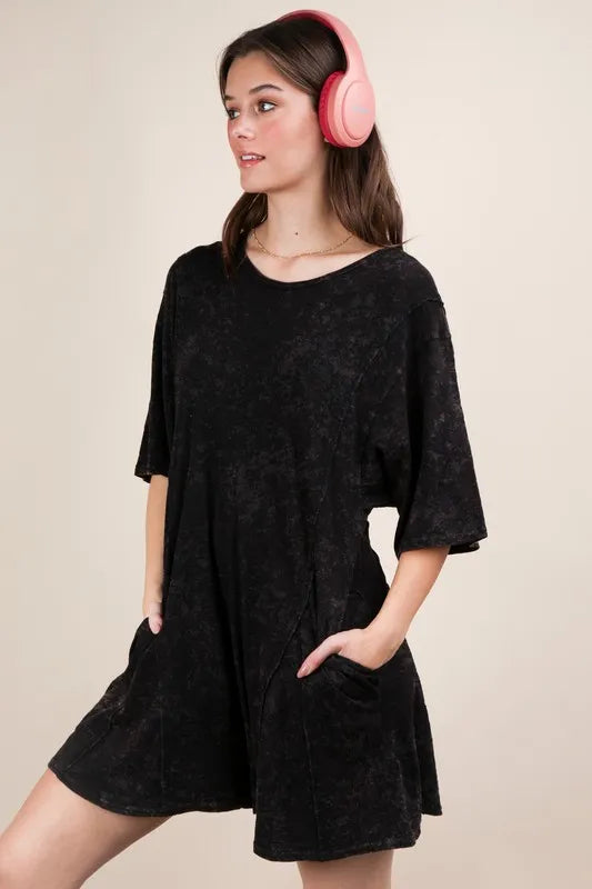 VERY J Mineral Washed Oversized Knit Comfy Romper