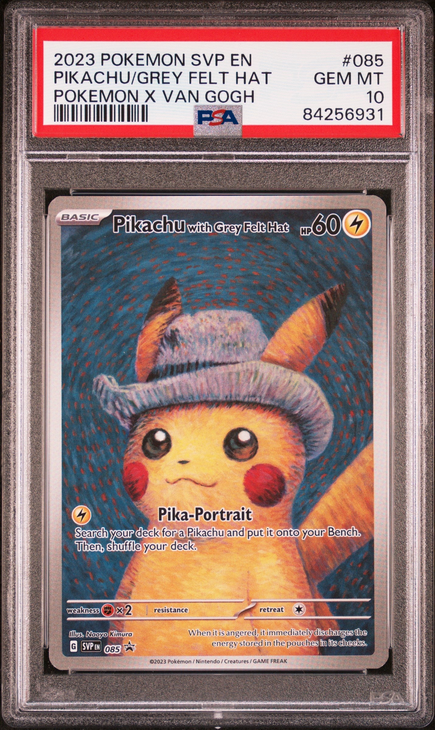 Graded 2023 PKM Svp En-Sv Black Star Promo #085 Pikachu/Grey Felt Hat PKM X Van Gogh Trading Card Game PSA 10 Gem Mint
