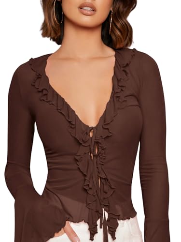 GORGLITTER Women's Vintage Tie Front Sheer Mesh Crop Top Ruffle Flare Long Sleeve Blouse Shirt Chocolate Brown Large