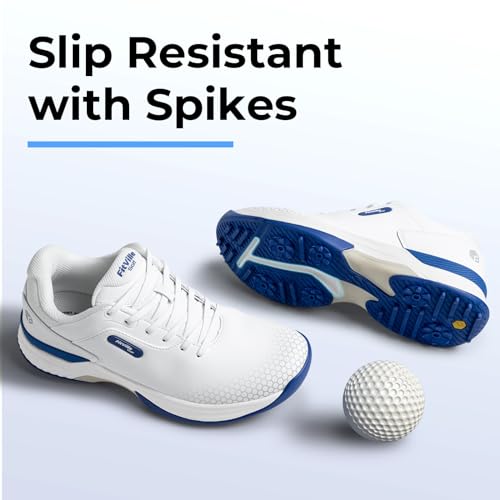 FitVille Extra Wide Mens Golf Shoes Professional Outdoor Waterproof Spiked Golf Shoes for Men(White Black, 9.5 X-Wide)