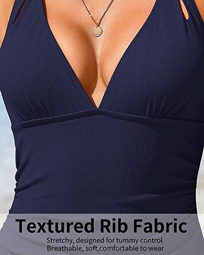 Charmo Women's One Piece Bathing Suits Ribbed Tummy Control Swimsuits Ruched V Neck Crisscross Back Swimwear Navy M