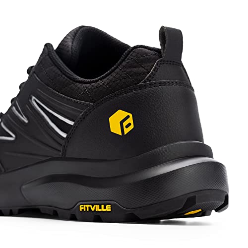 FitVille Mens Wide Hiking Shoes Waterproof Outdoor Work Shoes Trekking Trails Sneakers with Arch Support for Heel Pain Relief - Sturdy Core(Black, 15 X-Wide)