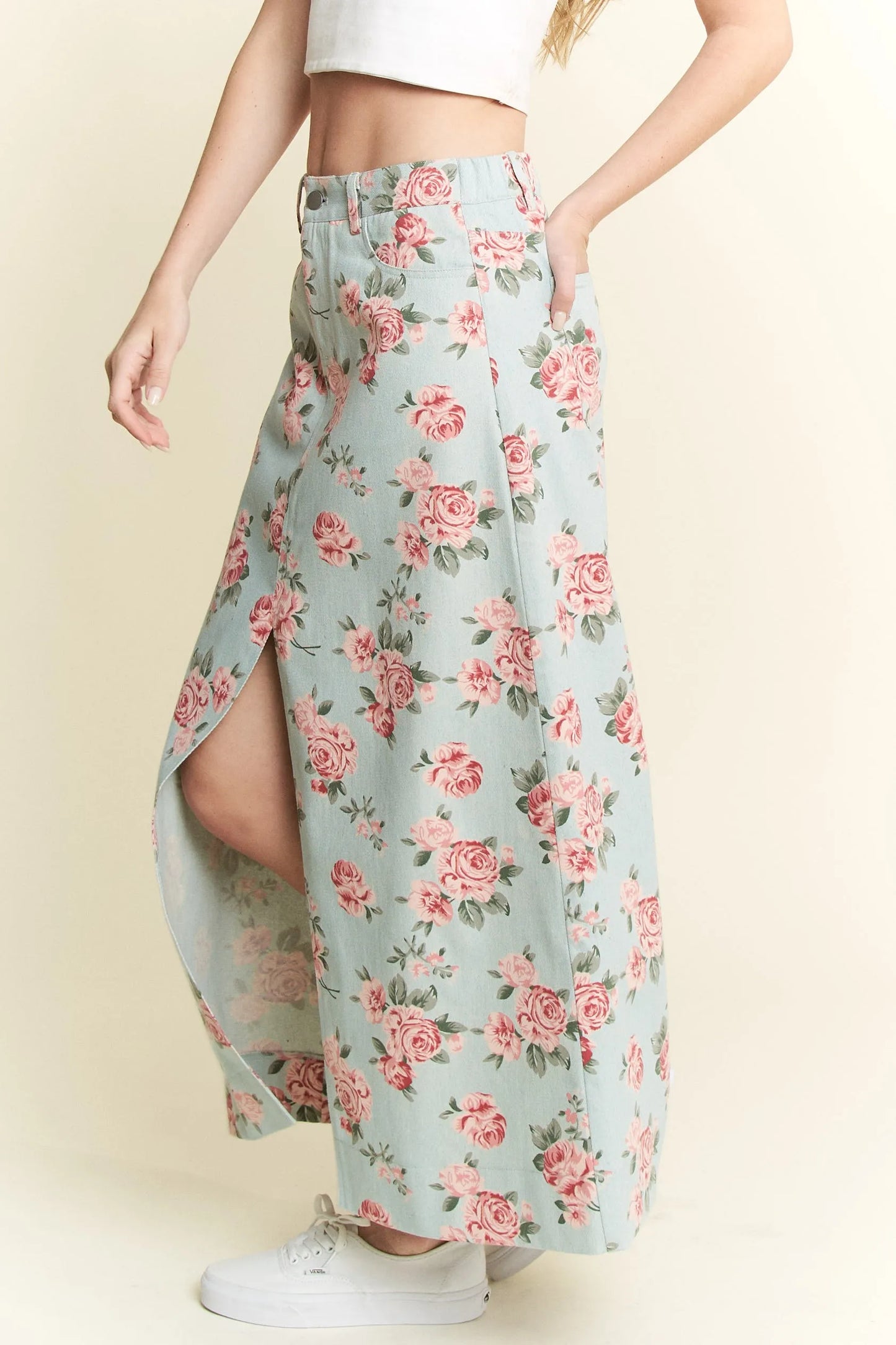 Jade By Jane Full Size Floral Print Front Slit Denim Maxi Skirt Plus Size