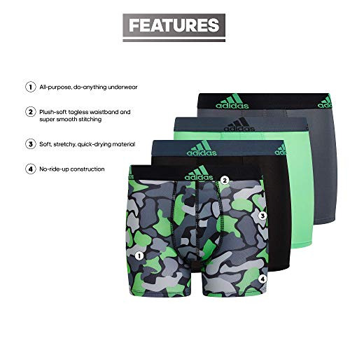 adidas Boys' Youth Performance Graphic 4-Pack Boxer Brief, Grey/Black/Nomad Camo Green, Small