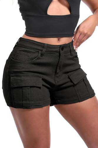 ELLEVEN High-Stretch Women's Cargo Jean Shorts, Trendy High-Waisted Cotton Denim Shorts with Pockets, Y2K Mini Denim Shorts