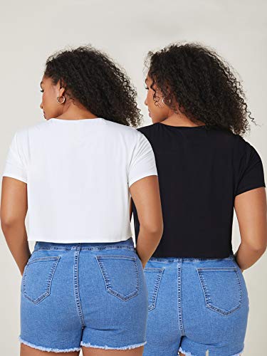 Floerns Women's Plus Size 2 Pcs Basic Short Sleeve Solid Crop Tops Tee Shirts Black and White 2XL