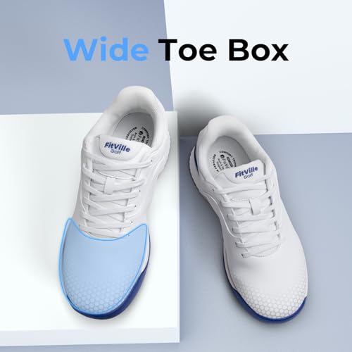 FitVille Extra Wide Mens Golf Shoes Professional Outdoor Waterproof Spiked Golf Shoes for Men(White Black, 9.5 X-Wide)