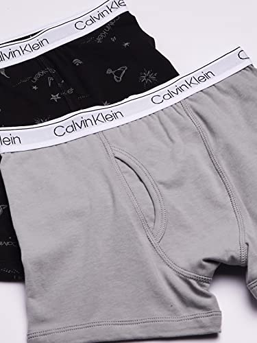 Calvin Klein Boys' Little Cotton Assorted Boxer Briefs Underwear, 2 Pack-CK Statement Print Black, Neutral Gray, 4-5