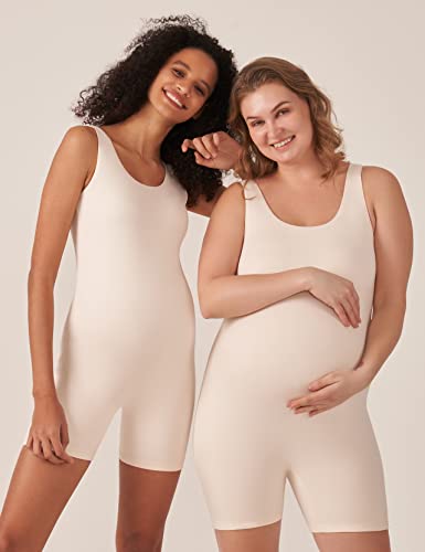 POSHDIVAH Women's Maternity Bodysuit Pregnancy Shapewear Sleeveless Scoop Neck Tank Top Shorts Bodycon Jumpsuit for Photoshoot Workout Beige Small