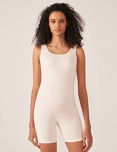 POSHDIVAH Women's Maternity Bodysuit Pregnancy Shapewear Sleeveless Scoop Neck Tank Top Shorts Bodycon Jumpsuit for Photoshoot Workout Beige Small