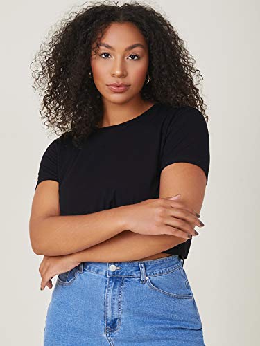 Floerns Women's Plus Size 2 Pcs Basic Short Sleeve Solid Crop Tops Tee Shirts Black and White 2XL