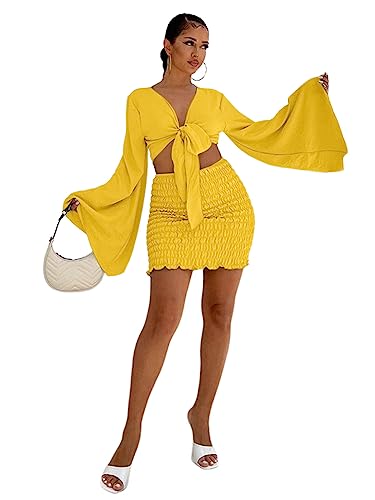 LYANER Women's 2 Piece Outfits Tie Knot Front Bell Long Sleeve Crop Top and Mini Skirt Set Yellow Large