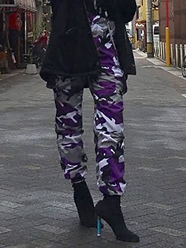 ZODLLS Women's Camo Pants Cargo Trousers Cool Camouflage Pants Elastic Waist Casual Jogger Pants with Pocket Purple Camo-M