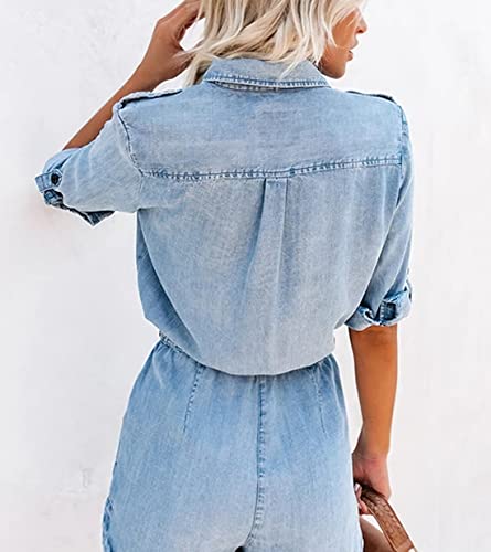 chouyatou Women's Summer Roll-Up Sleeve Drawstring Waist Utility Denim Romper Shorts Jumpsuit (Medium, Light Blue)