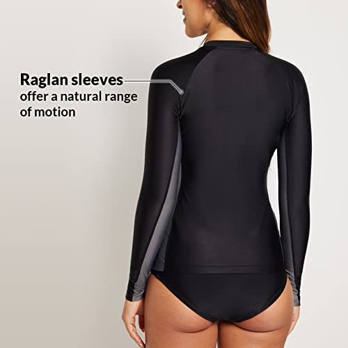 BALEAFWomen's Long Sleeve Rash Guard Zip Front Swim Shirts Sun Protection Swimsuits Jacket Black/Grey M