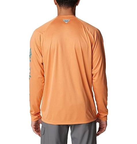 Columbia Men's Terminal Tackle Heather Long Sleeve Shirt, Orange Reef Heather/Tranquil Teal Logo, Large