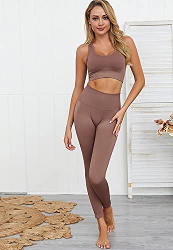 HAODIAN Women's Yoga Outfits 2 Piece High Waisted Leggings with Sports Bra Gym Clothes Sets(Brick Red,S)