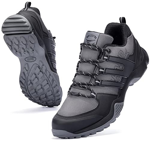 Grand Attack Hiking Shoes for Men Waterproof Hiking Boots Mountaineering Backpacking Outdoor Work Water Shoes Lightweight Comfortable Anti Slip Hike Trekking Sneakers Black Grey Size 10