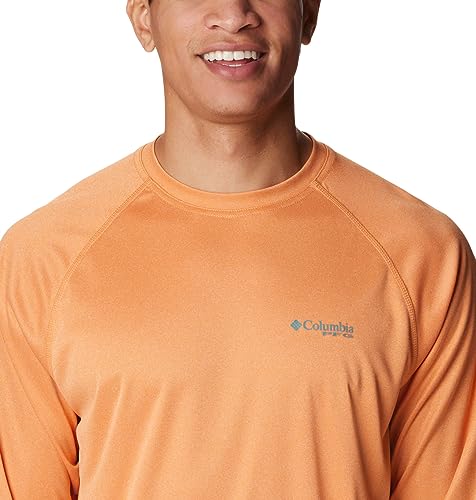 Columbia Men's Terminal Tackle Heather Long Sleeve Shirt, Orange Reef Heather/Tranquil Teal Logo, Large
