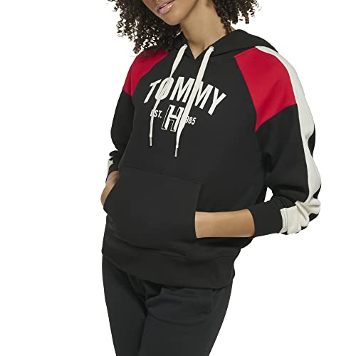 Tommy Hilfiger Women's Relaxed Fit Athletic Blocking Printed Graphic On Chest Hoodie, Black