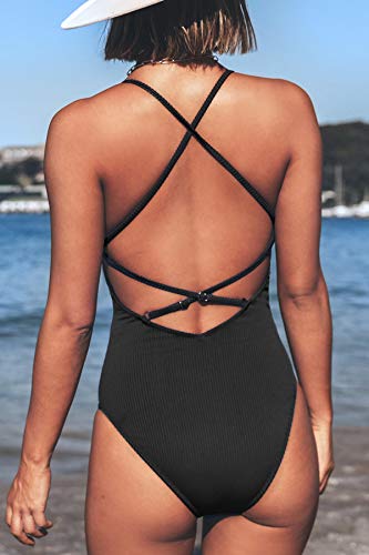 CUPSHE Women's One Piece Swimsuit Backless Tie V Neck Bathing Suit, M Black