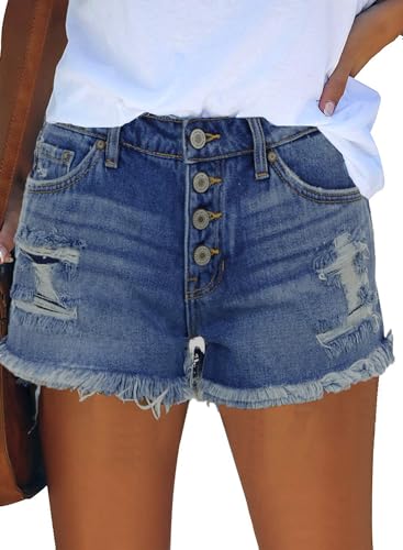 ZOLUCKY Women's Casual Summer Denim Shorts Mid Waisted Stretchy Ripped Jean Shorts with Pockets