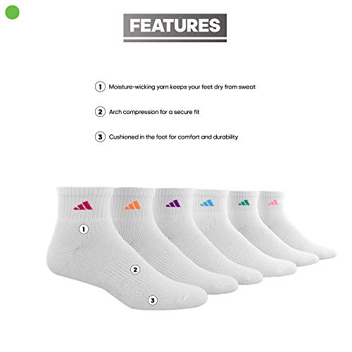 adidas Women's Athletic Cushioned 6-Pack Quarter, White,SolarRed,Pink,Purple,Green,Blue, Medium
