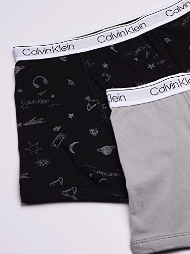 Calvin Klein Boys' Little Cotton Assorted Boxer Briefs Underwear, 2 Pack-CK Statement Print Black, Neutral Gray, 4-5