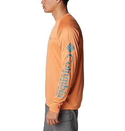 Columbia Men's Terminal Tackle Heather Long Sleeve Shirt, Orange Reef Heather/Tranquil Teal Logo, Large