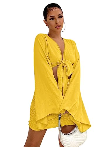 LYANER Women's 2 Piece Outfits Tie Knot Front Bell Long Sleeve Crop Top and Mini Skirt Set Yellow Large
