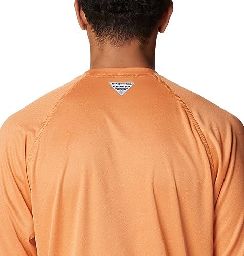 Columbia Men's Terminal Tackle Heather Long Sleeve Shirt, Orange Reef Heather/Tranquil Teal Logo, Large
