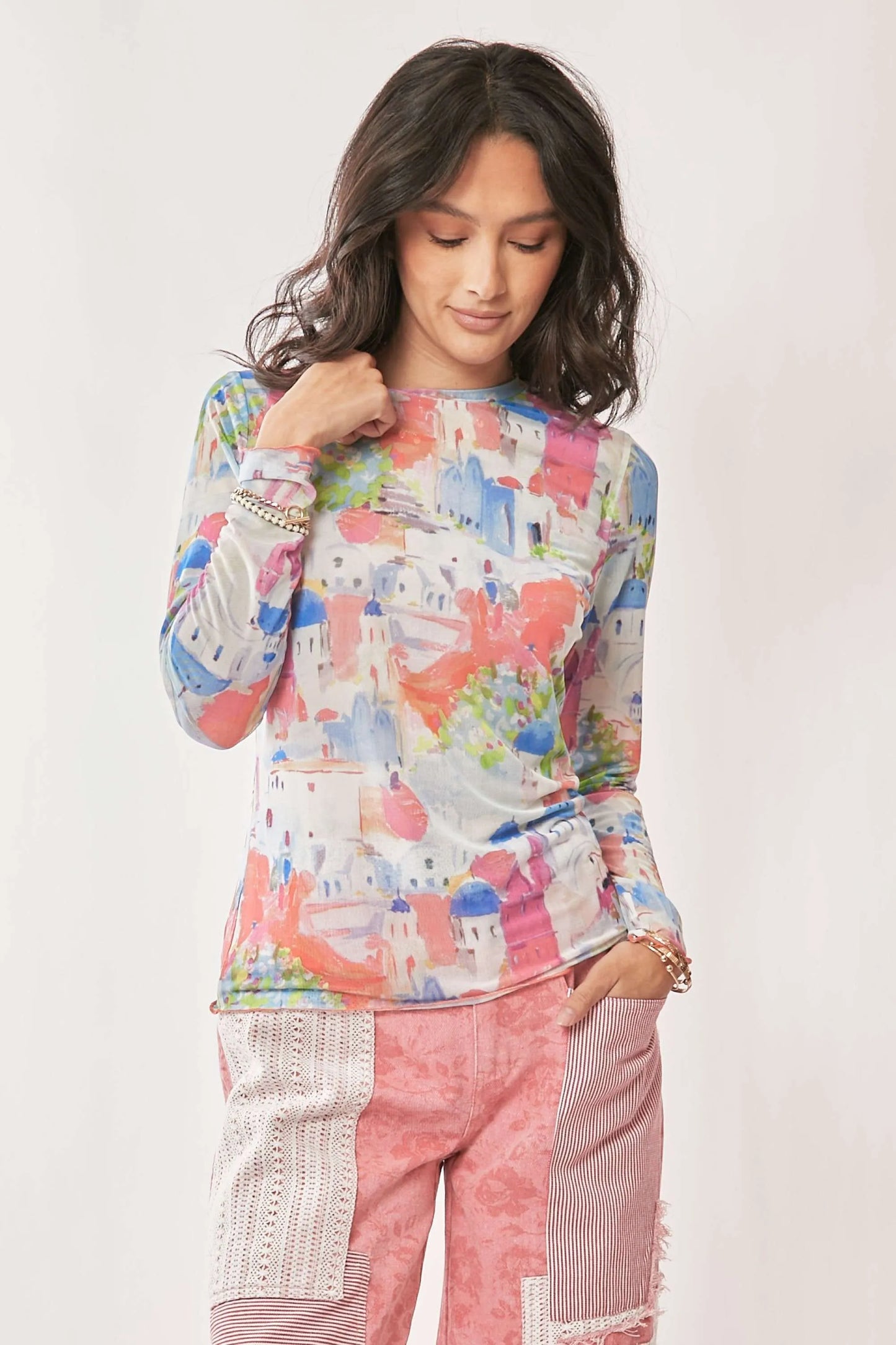 Davi & Dani Multi Printed Mesh Round Neck Long Sleeve Top