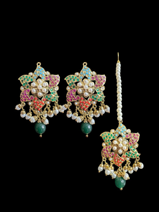 Iza Jadau tops and tika set in pearls - Navratan  ( READY TO SHIP )t