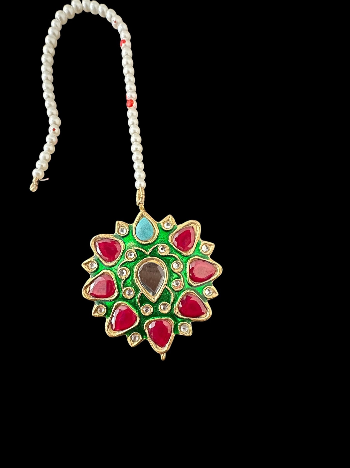 DJTK317 Kundan and meenakari large tika - Red green  ( READY TO SHIP )