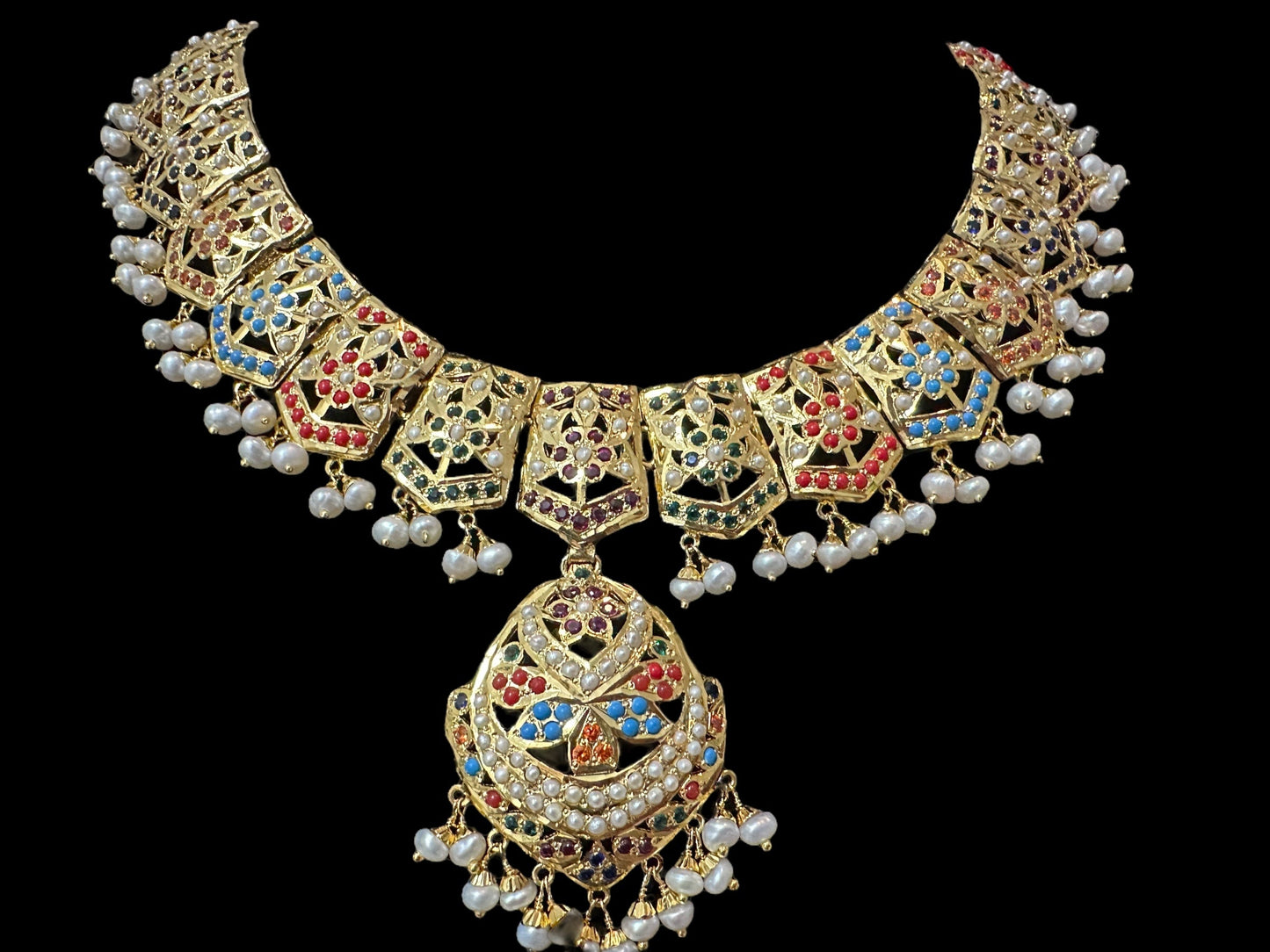Navratan / Multicolored Jadau Necklace Set in Gold Plated Silver ( SHIPS IN 5 WEEKS )