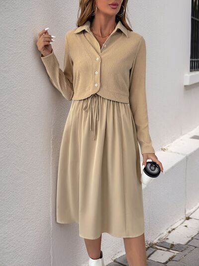 Perfee Fake Two Piece Collared Neck Long Sleeve Midi Dress