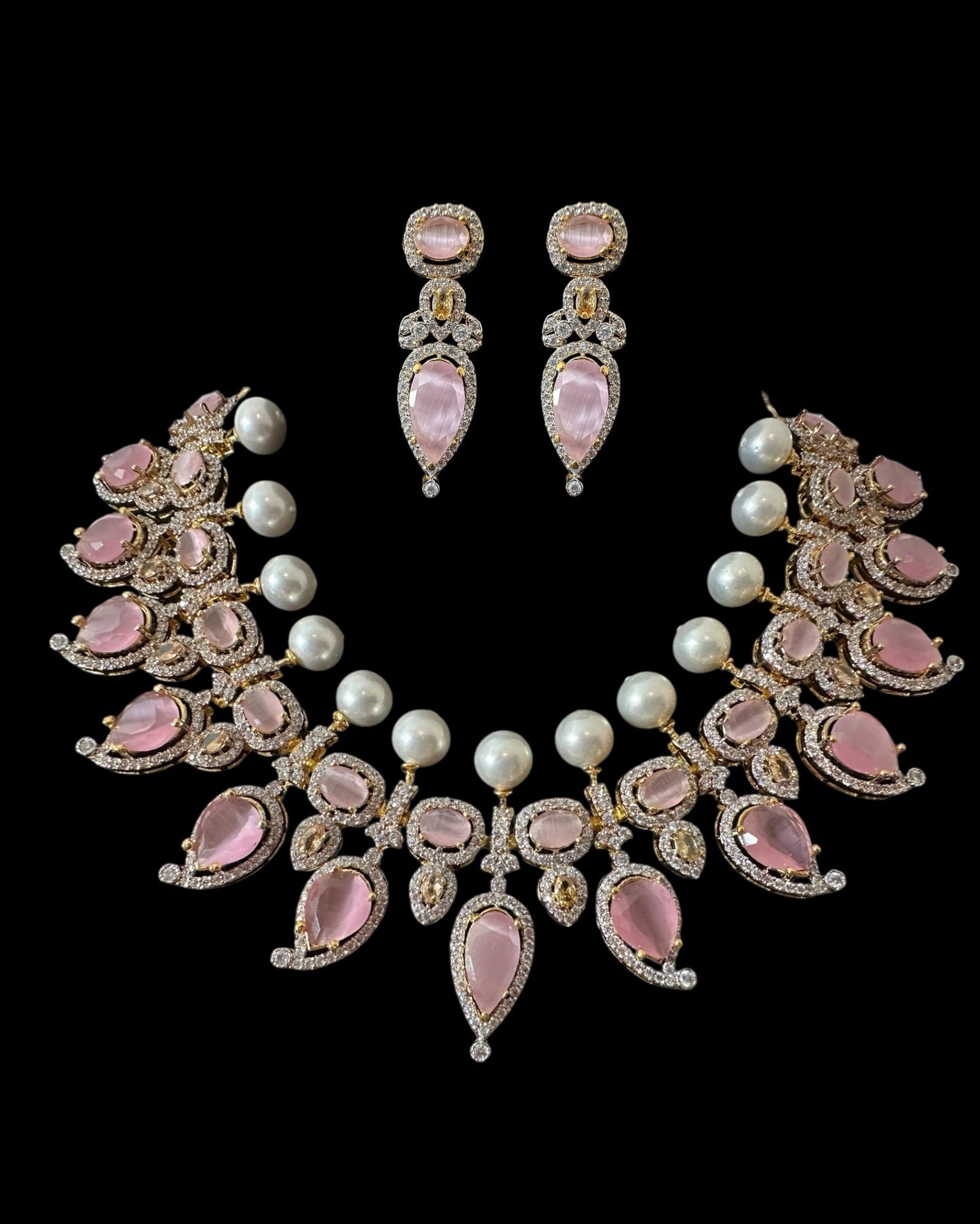 BR462 Anmol necklace set in pink( rose quartz ), Cats eye and pearls ( SHIPS IN 4 WEEKS )
