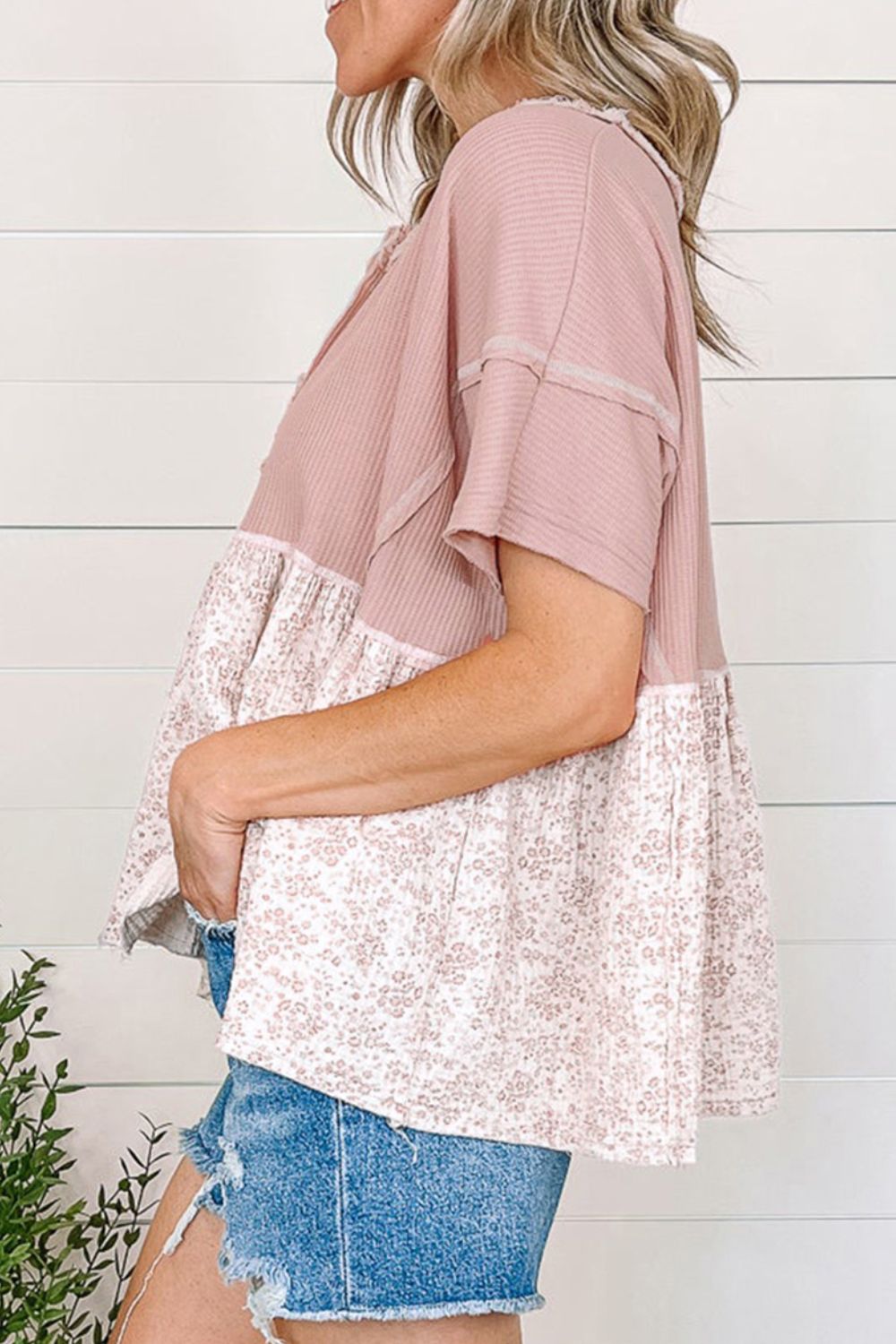 Waffle Floral Patchwork Exposed Seam Detail Short Sleeve Top