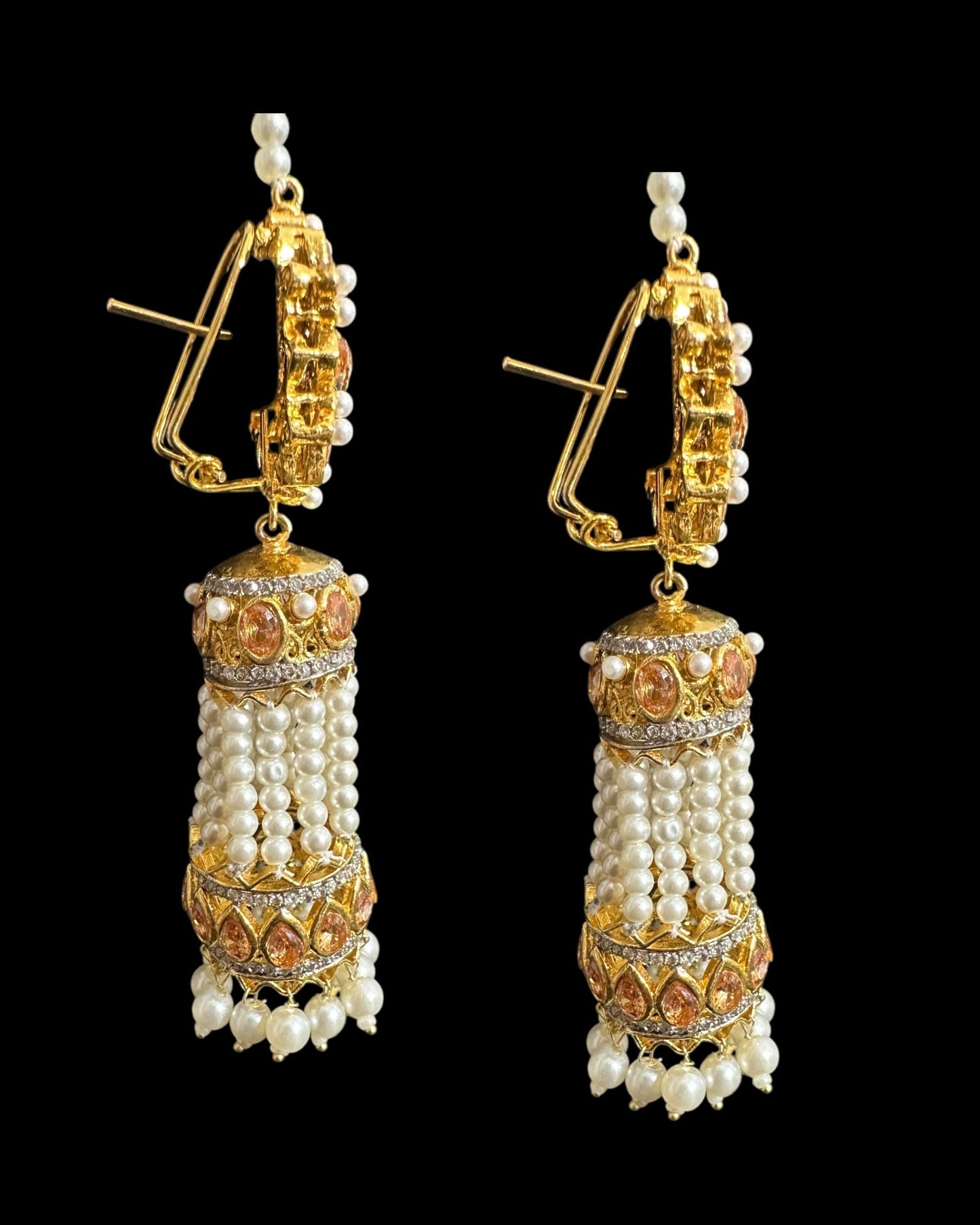 DER790 Zircon and pearl gold plated jhumka earrings ( READY TO SHIP )