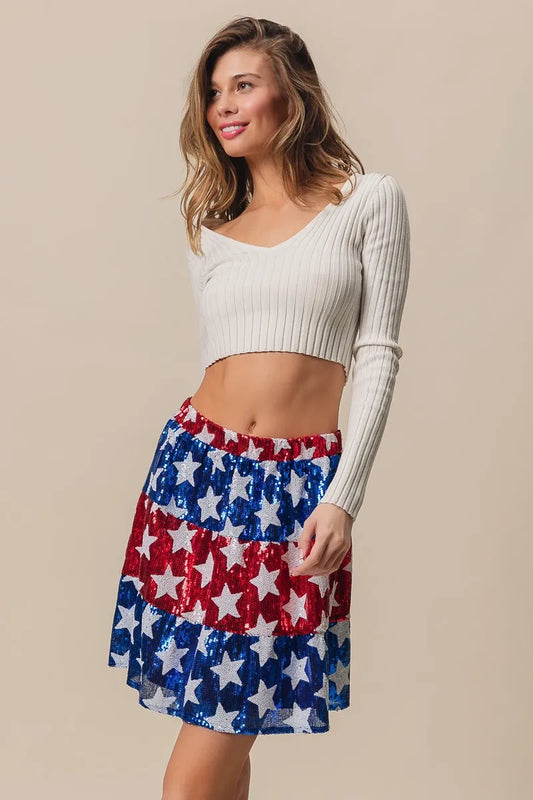 BiBi American Flag Theme Star Sequin Tiered Skirt