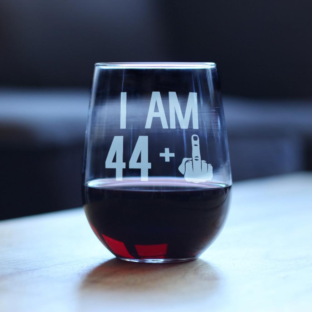 44 + 1 Middle Finger - 45th Birthday Stemless Wine Glass for Women & Men - Cute Funny Wine Gift Idea - Unique Personalized Bday Glasses for Mom, Dad, Friend Turning 45 - Drinking Party Decoration
