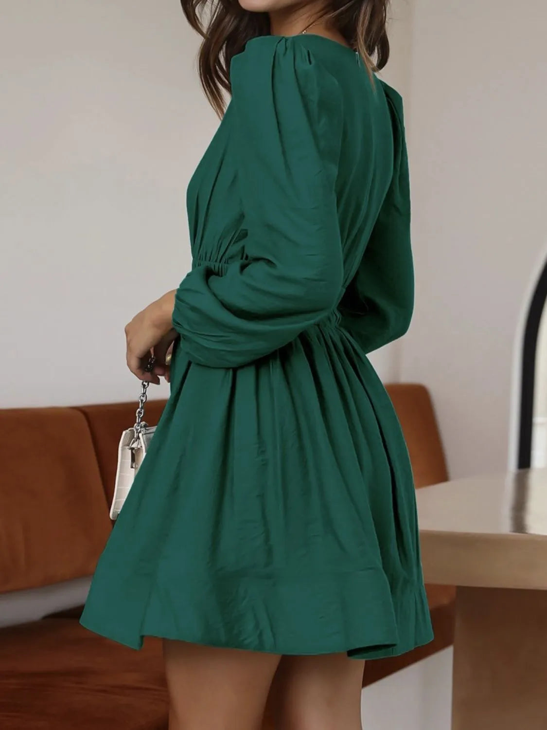 Ruched V-Neck Balloon Sleeve Mini Dress
