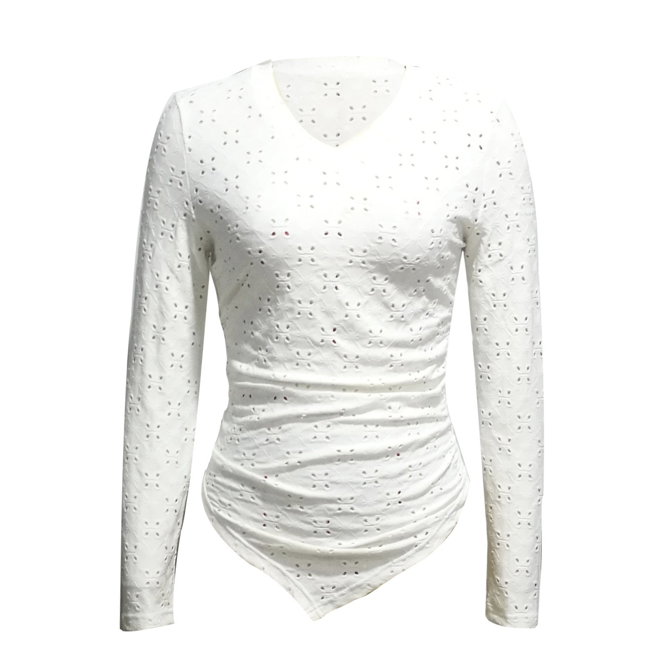 White Eyelet Cutout V-Neck Long Sleeve Top - Polyester Fitted