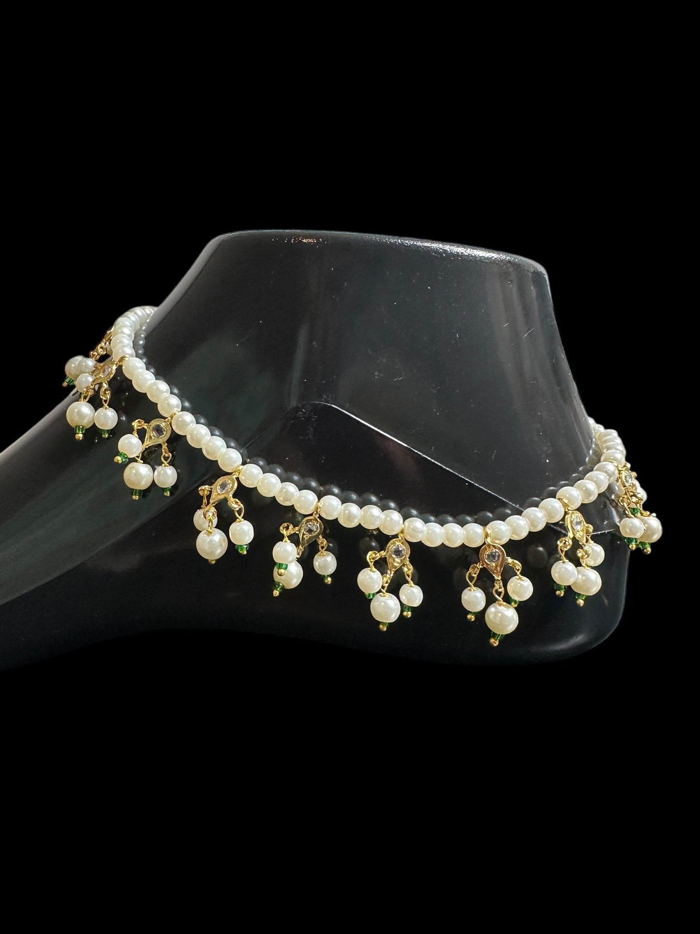 Pearl polki Payal - green beads ( READY TO SHIP )