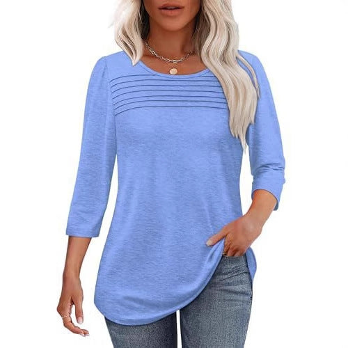 Soft Pleated 3/4 Sleeve Top - Polyester Blend Round Neck Pullover