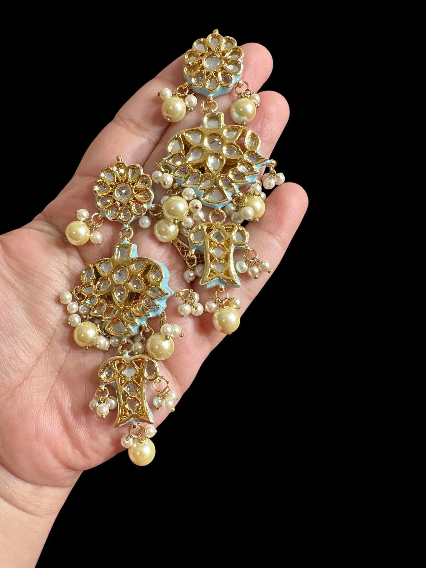 Kundan meena earrings - turquoise with pearl ( READY TO SHIP )