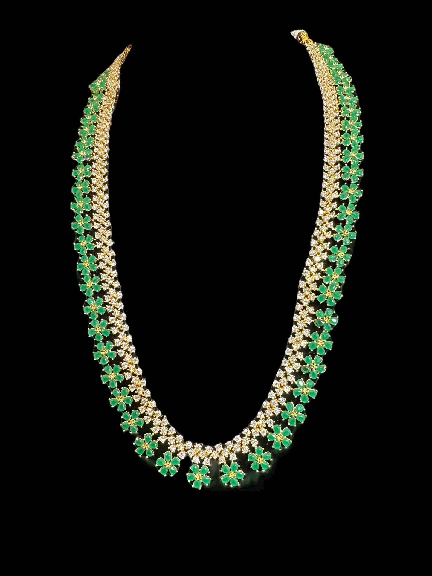 DLN39 Megha long set in cz stones - Green (READY TO SHIP)