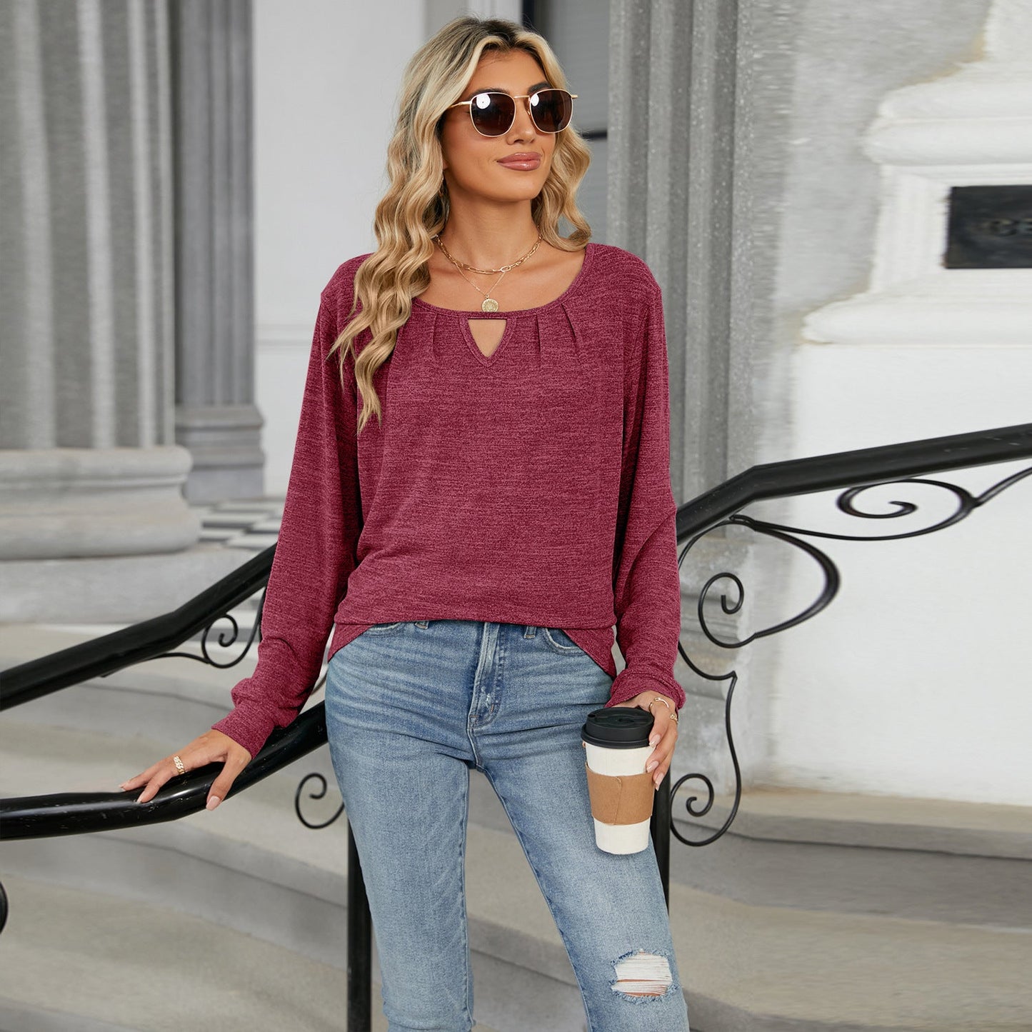 Cotton Cashmere Pullover - Soft Keyhole Neckline Long Sleeve Top