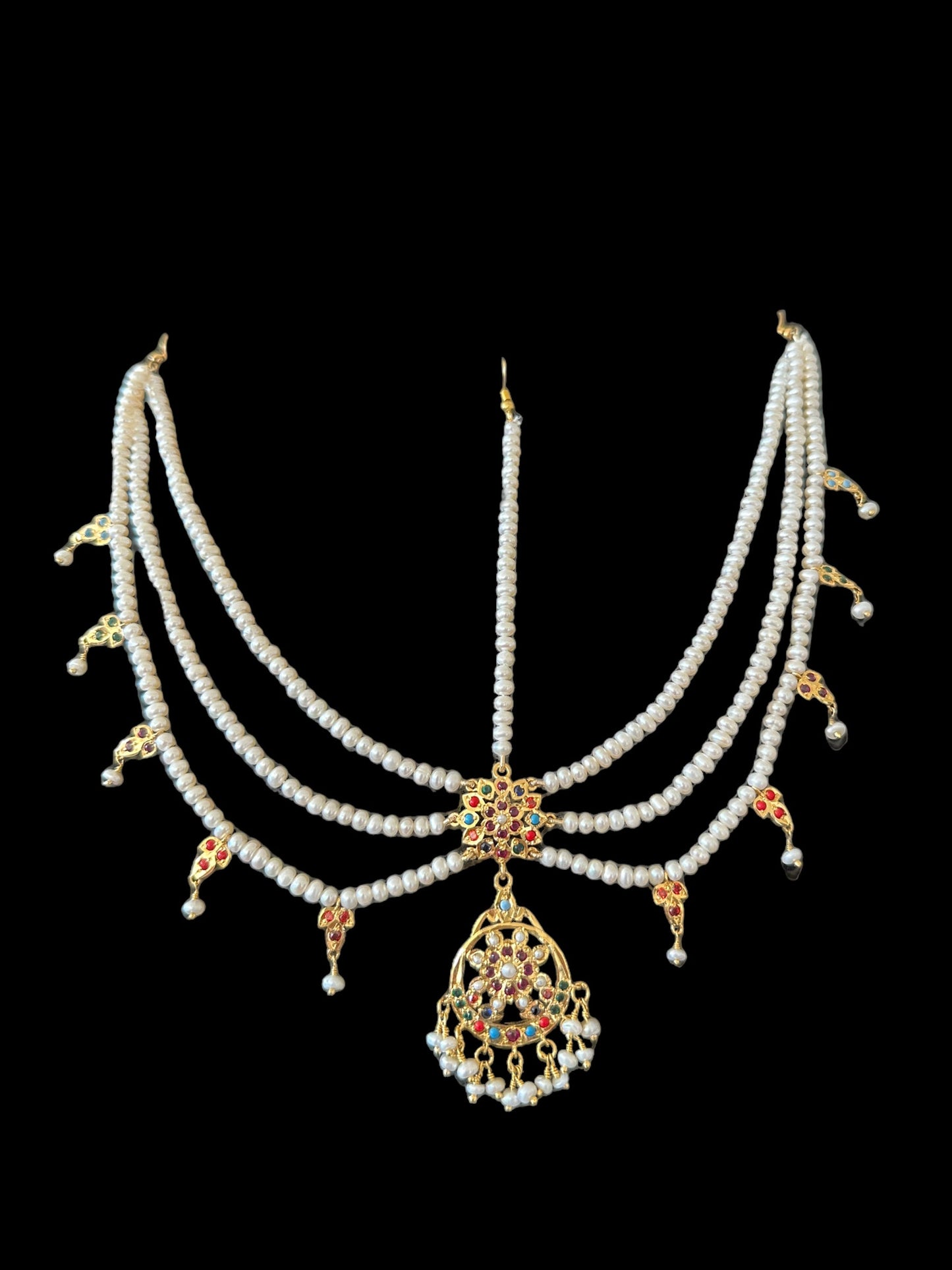Navratan gold plated silver mathapatti in fresh water pearls ( READY TO SHIP )
